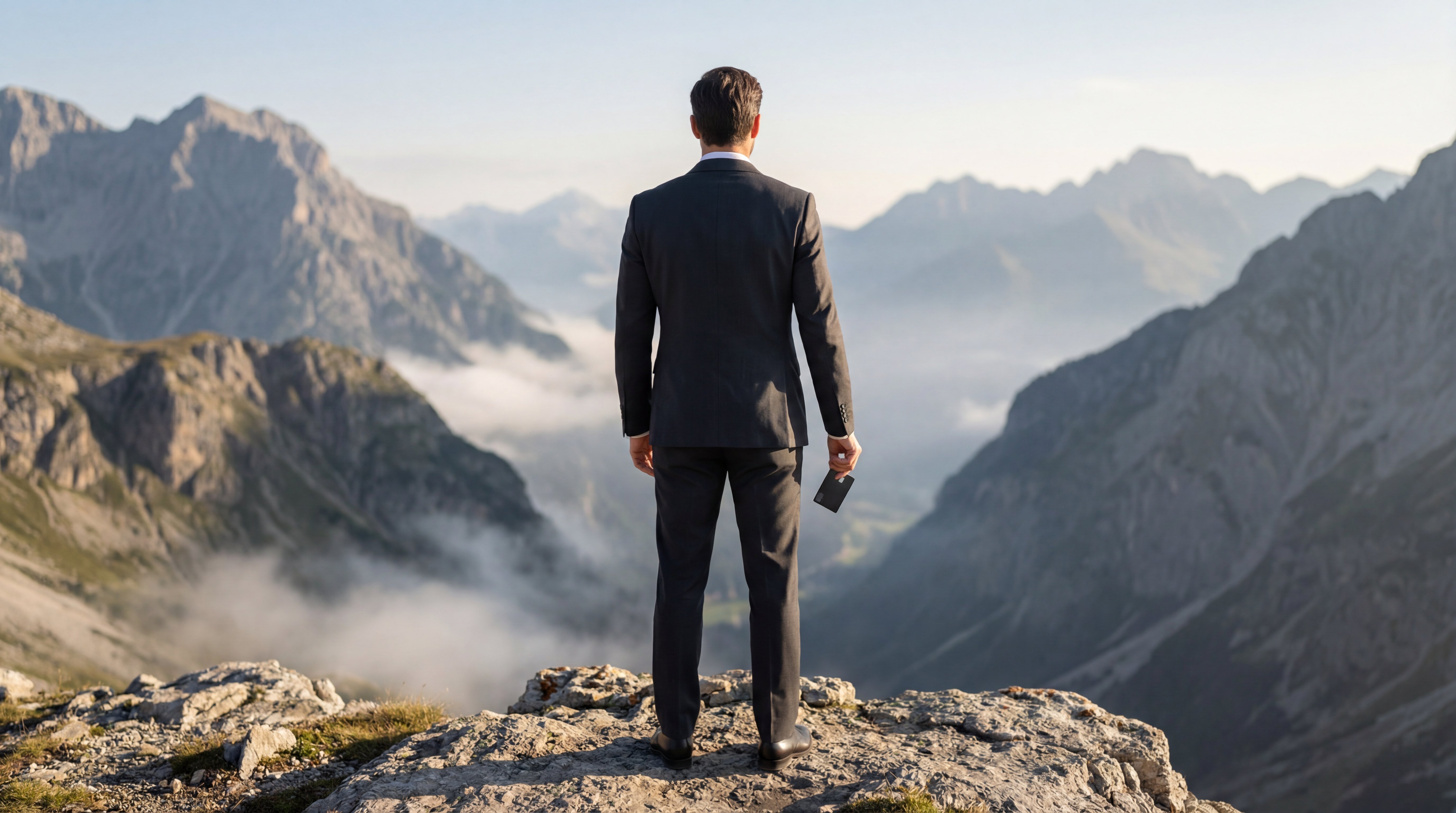 Businessman standing on mountain peak overlooking alpine landscape